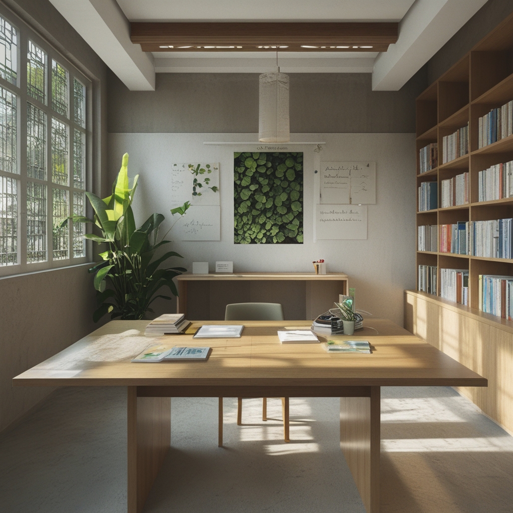 Ruang belajar yang tenang dan modern dengan buku-buku tentang kesehatan dan alam, tanaman hijau di sudut ruangan, dan cahaya matahari alami dari jendela besar