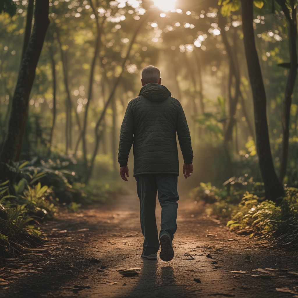 Pria paruh baya berusia sekitar 45 tahun sedang berjalan kaki di jalur hutan yang hijau dengan sinar matahari di pagi hari, mengenakan pakaian olahraga kasual