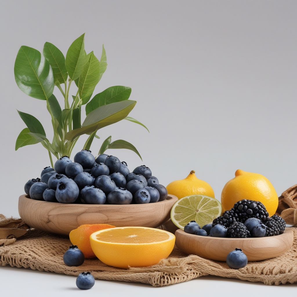 Berbagai buah-buahan berwarna cerah seperti blueberry, delima, jeruk, dan stroberi yang disusun indah di atas meja kayu dengan latar belakang hijau segar