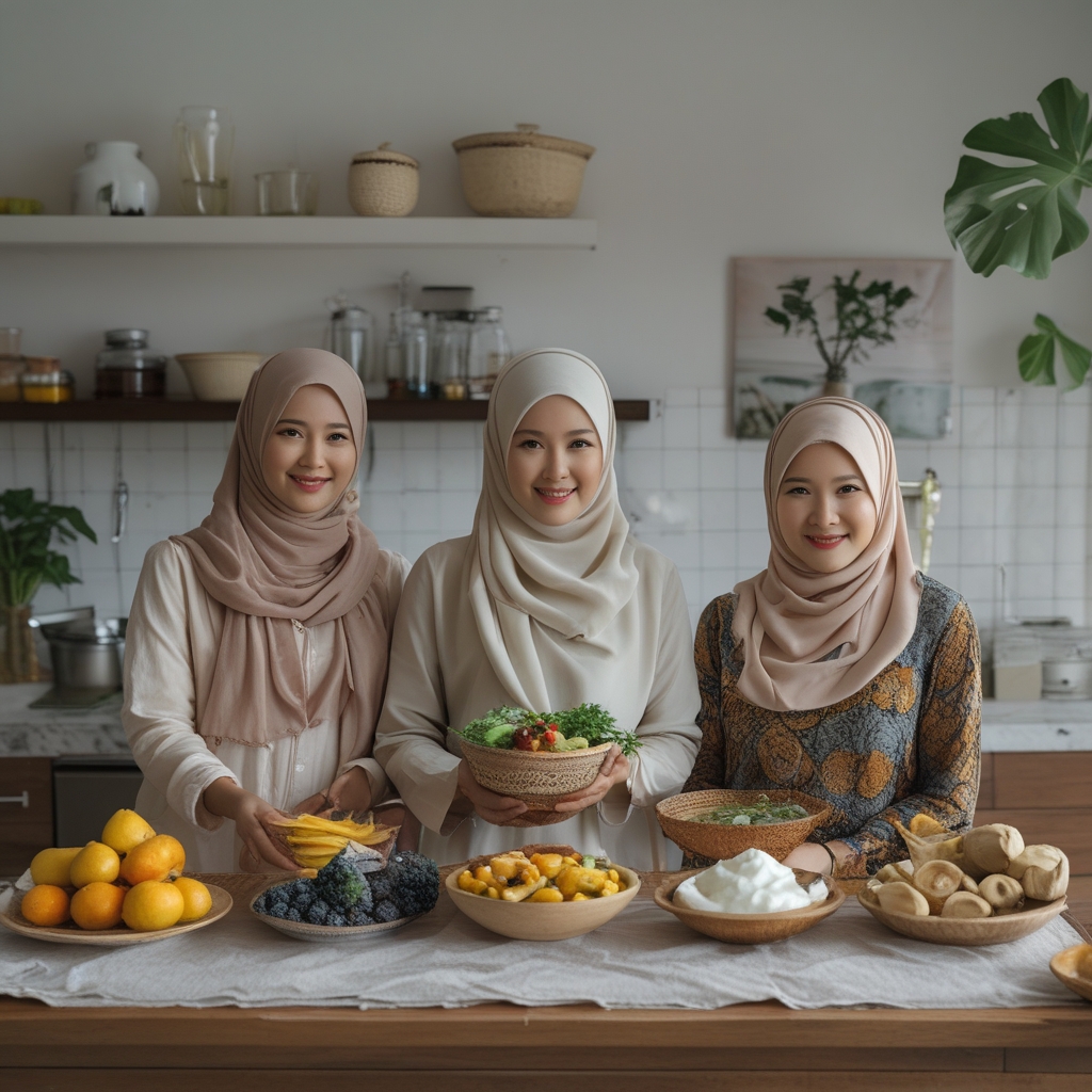 Berbagai makanan fermentasi dan kaya serat ditampilkan di atas meja dapur kayu: mangkuk yogurt dengan buah beri, tempe potongan, sayuran berwarna-warni, pisang matang, dan biji-bijian dalam toples kaca bening