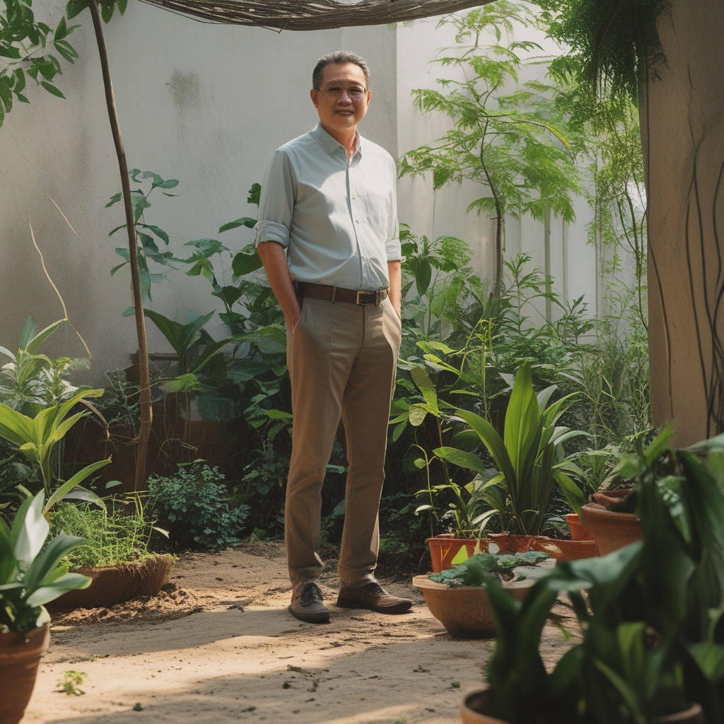 Pria berusia sekitar 45-50 tahun dengan penampilan sehat sedang berkebun di halaman rumah yang hijau, mengenakan pakaian santai di bawah sinar matahari