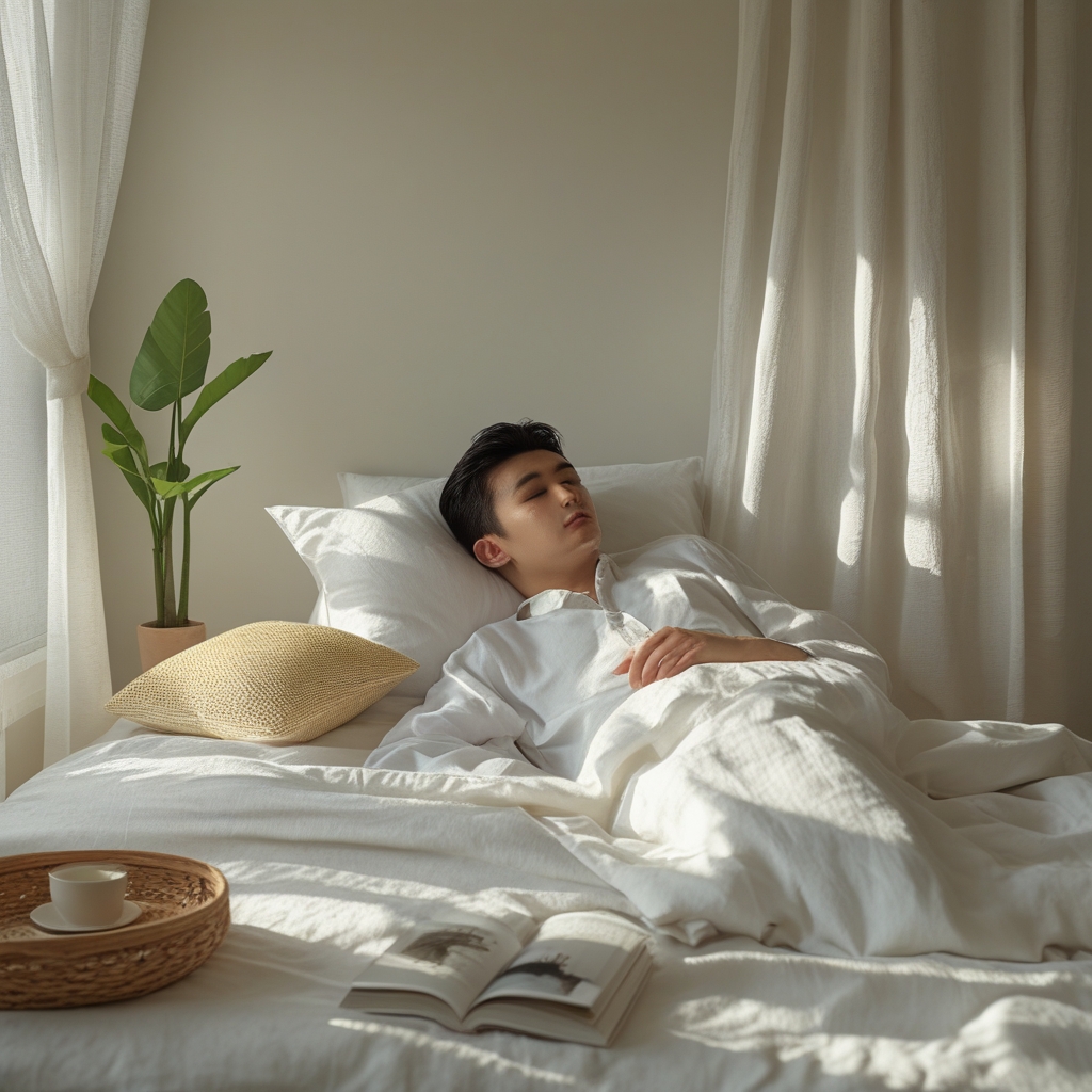 Kamar tidur yang tenang dan nyaman dengan tempat tidur berselimut putih bersih, tirai linen tipis yang memfilter cahaya siang, tanaman hijau kecil di sudut ruangan, dan suasana yang menenangkan