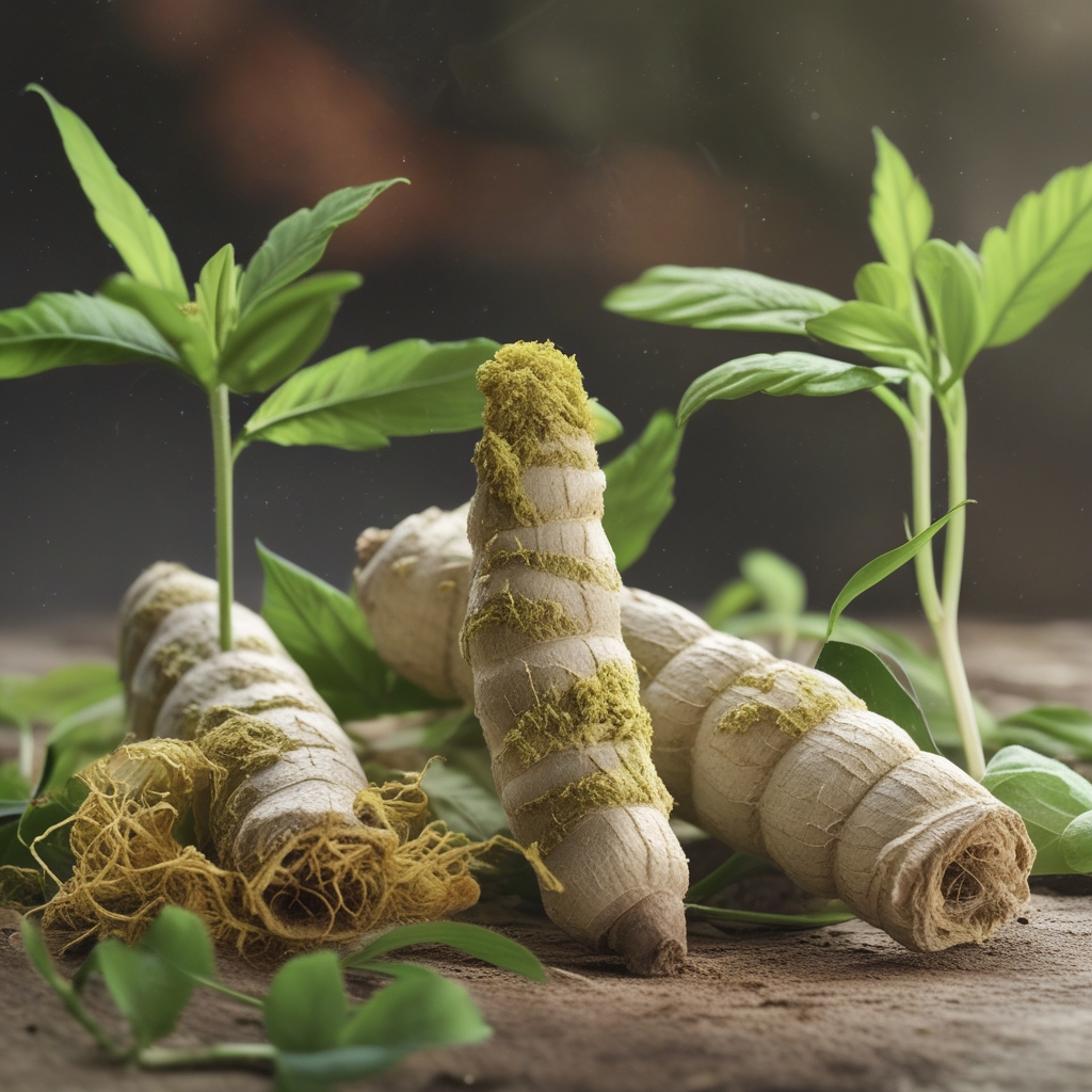 Akar ginseng segar berwarna krem kecokelatan yang baru dipanen, diletakkan di atas daun hijau di alam terbuka